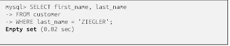mysql> SELECT first_name, last_name
-> FROM customer
-> WHERE last_name = 'ZIEGLER';
Empty set (0.02 sec)
